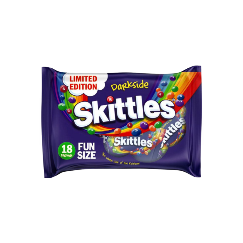 Skittles candy package with limited edition and darkside branding on a white background