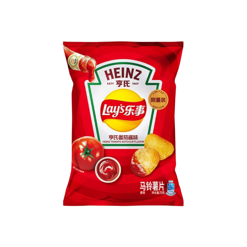Red snack bag featuring Heinz and Lay's branding on a white background