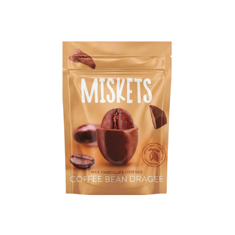 Misketts milk chocolate covered coffee bean dragee packaging on a white background