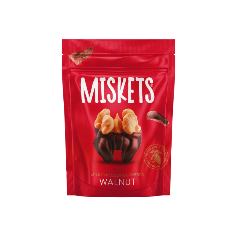 Red package of Misketts milk chocolate covered walnut on a white background