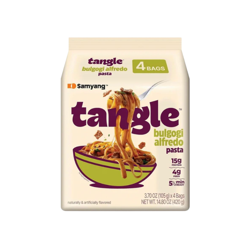 Packaging of tangle bulgogi Alfredo pasta with Samyang logo on a white background