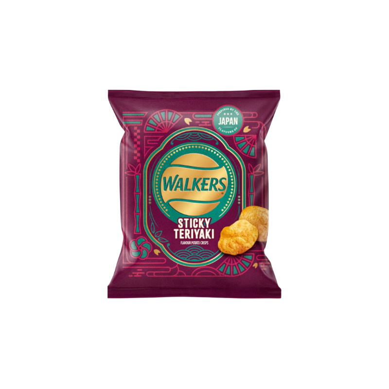 Walkers Sticky Teriyaki flavored potato chip packet on a white background