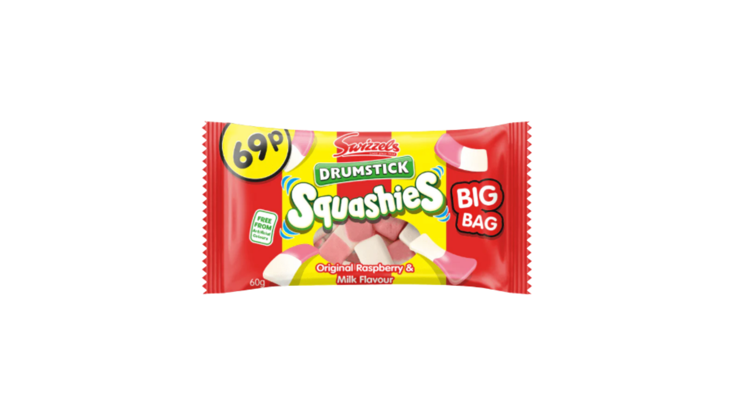 Packaged snack with 'Drumstick Squashies' branding on a white background