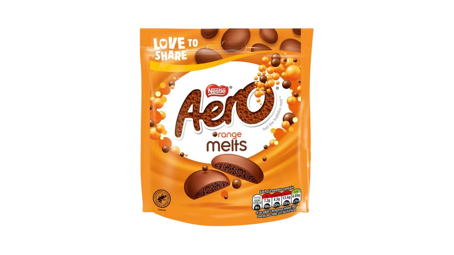 Packaging of Aero orange melts chocolate bars on a white background