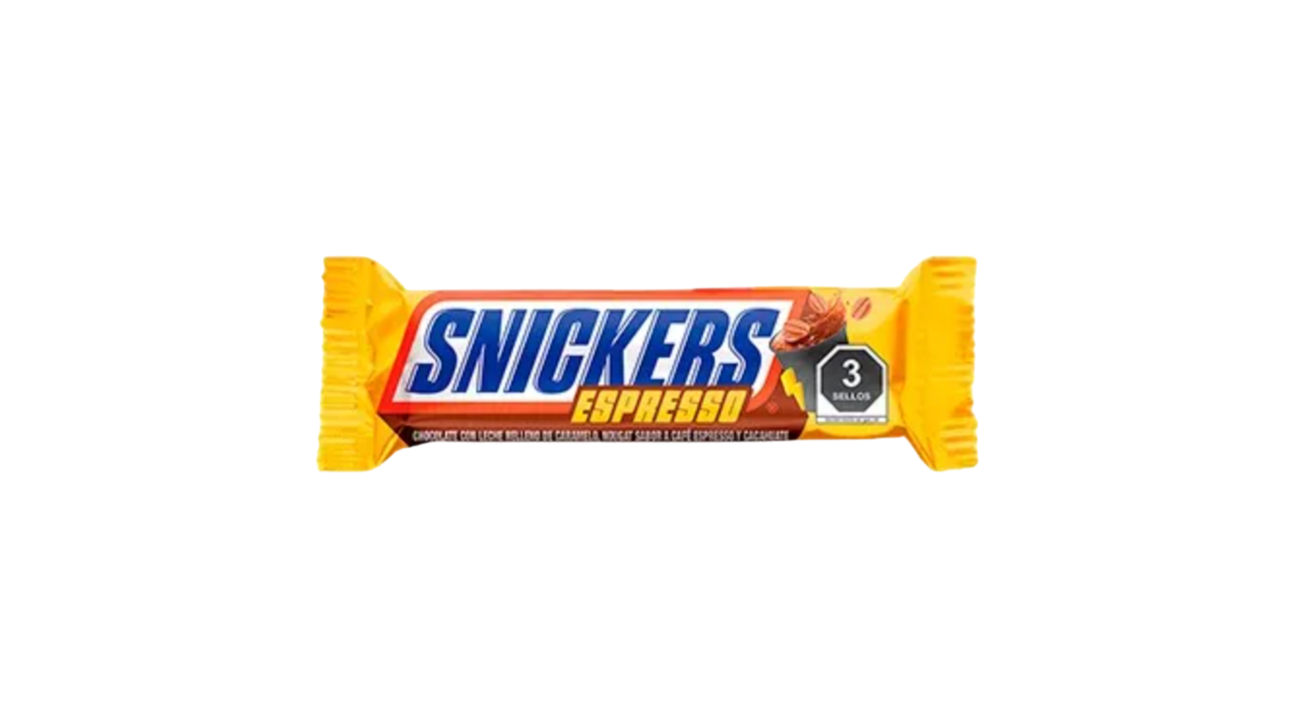 Snickers Espresso chocolate bar packaging on a white background