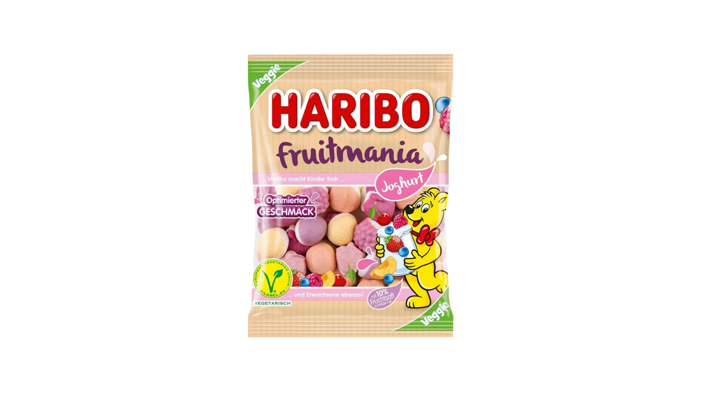 Haribo Fruitmania candy bag on a white background