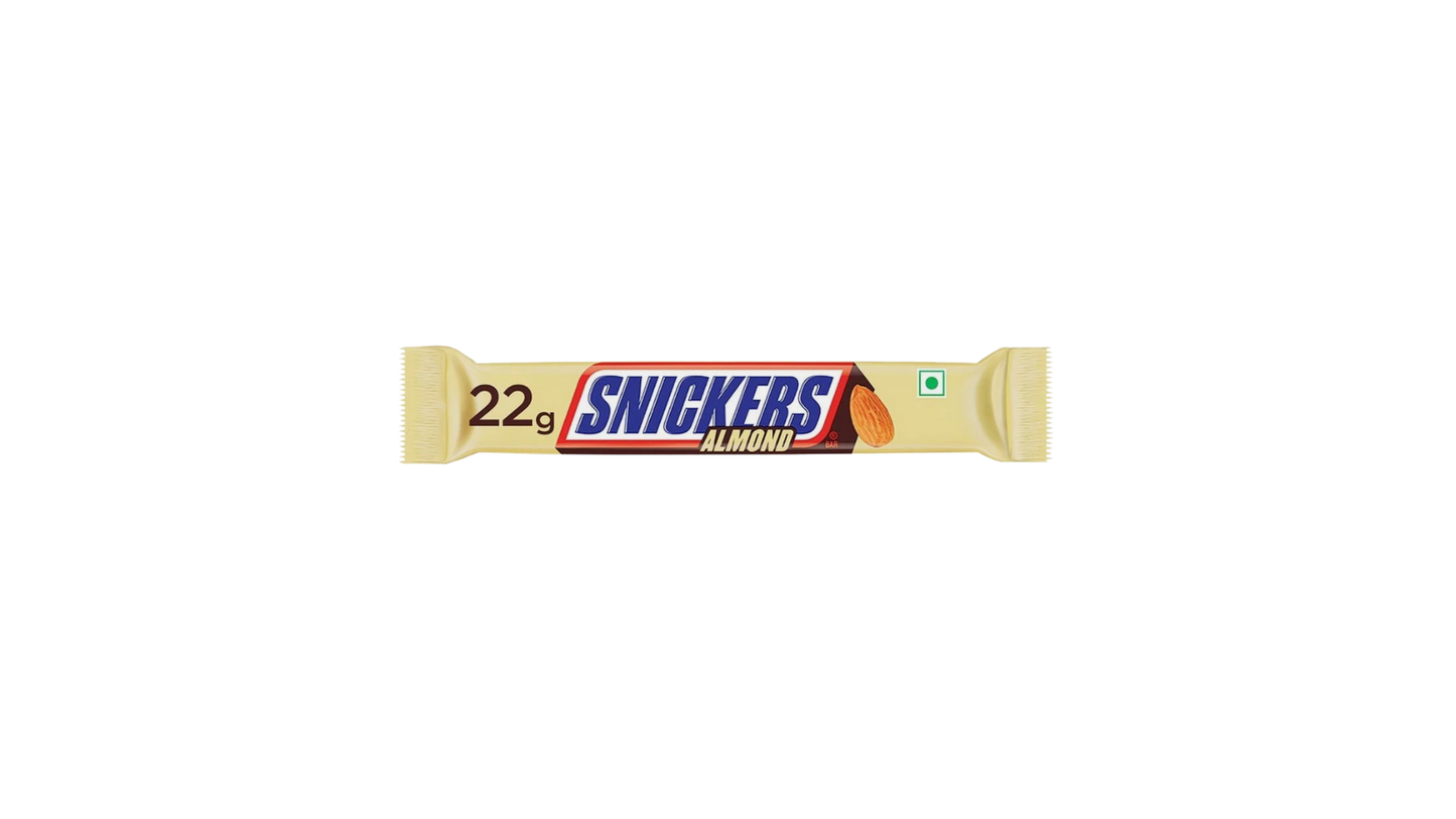 Snickers Almond chocolate bar packaging on a white background