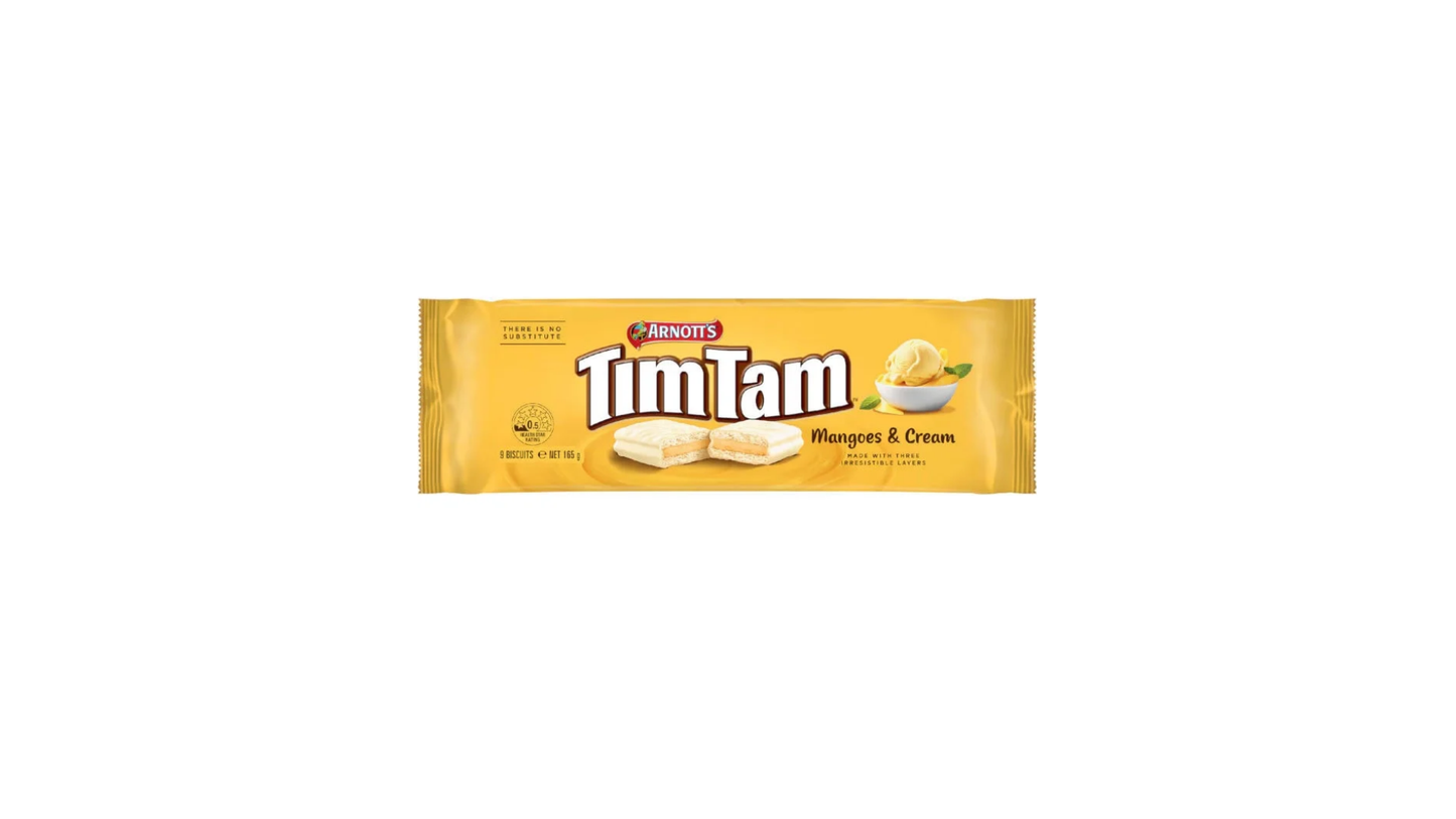 Pack of Tim Tam Mango & Cream biscuits on a white background