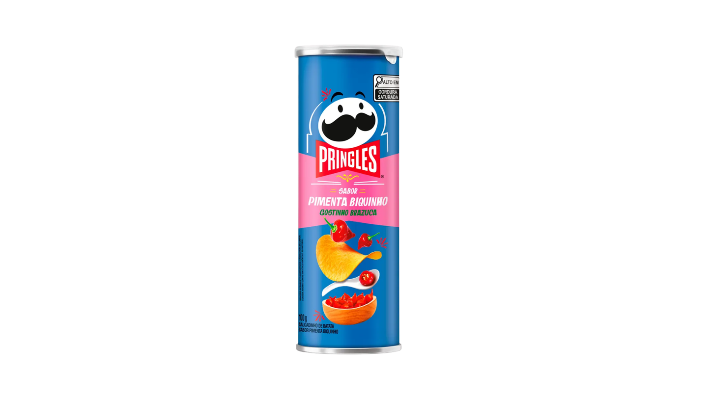 Pringles can with blue and pink design on a white background