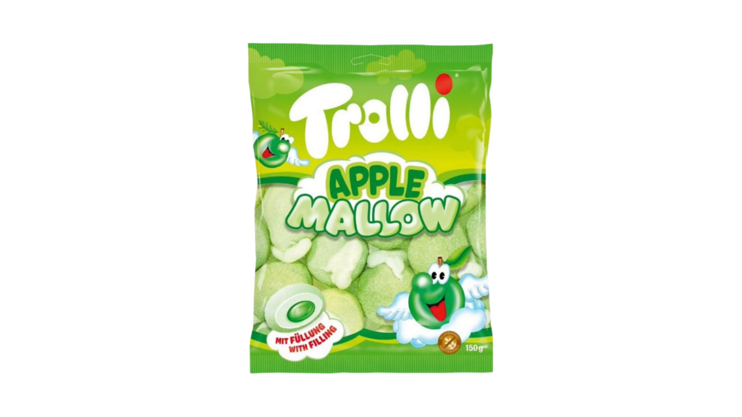 Packaging of Trolli Apple Mallow candy on a white background