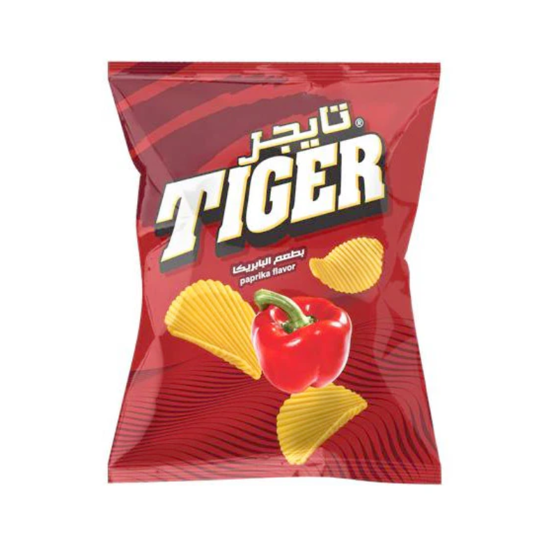Red packet of Tiger brand chips with a red pepper and yellow chips on a white background