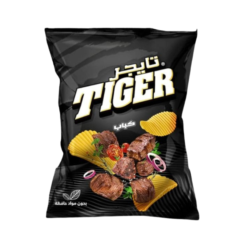 Black Tiger chip bag with grill design and text