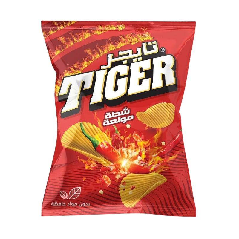 Red packaging of Tiger chips with fiery design on a white background