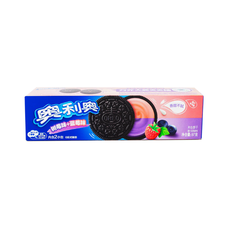 Oreo cookie packaging with blue and pink design on a white background