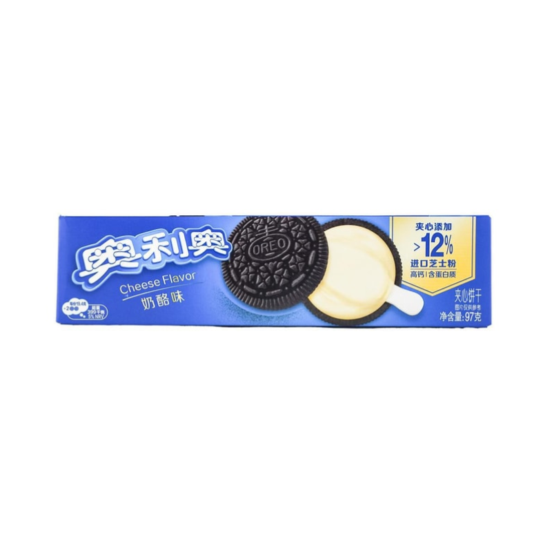 Oreo cookie packaging with cheese flavor text on a white background