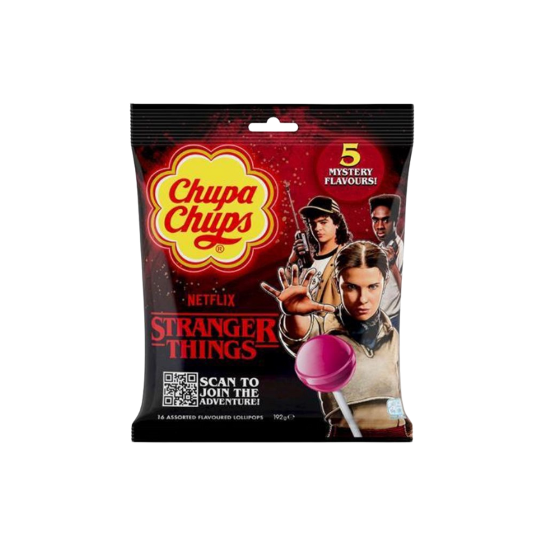 Chupa Chups Stranger Things lollipop package with characters and pink lollipop on a white background