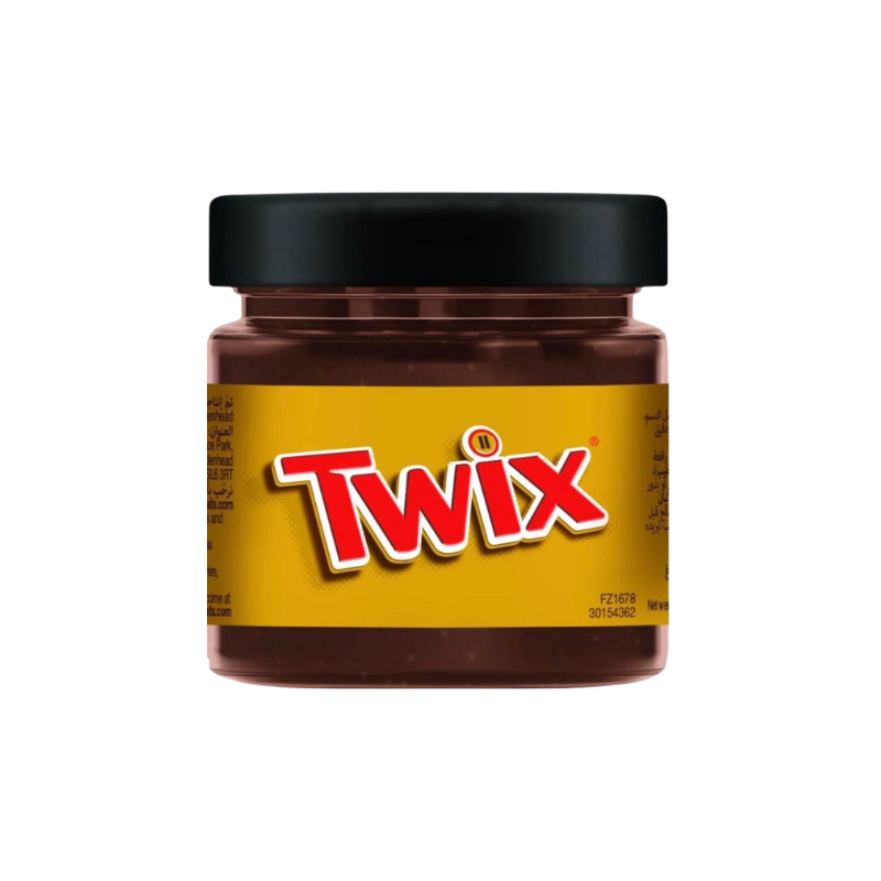 Jar of Twix chocolate spread with a black lid on a white background