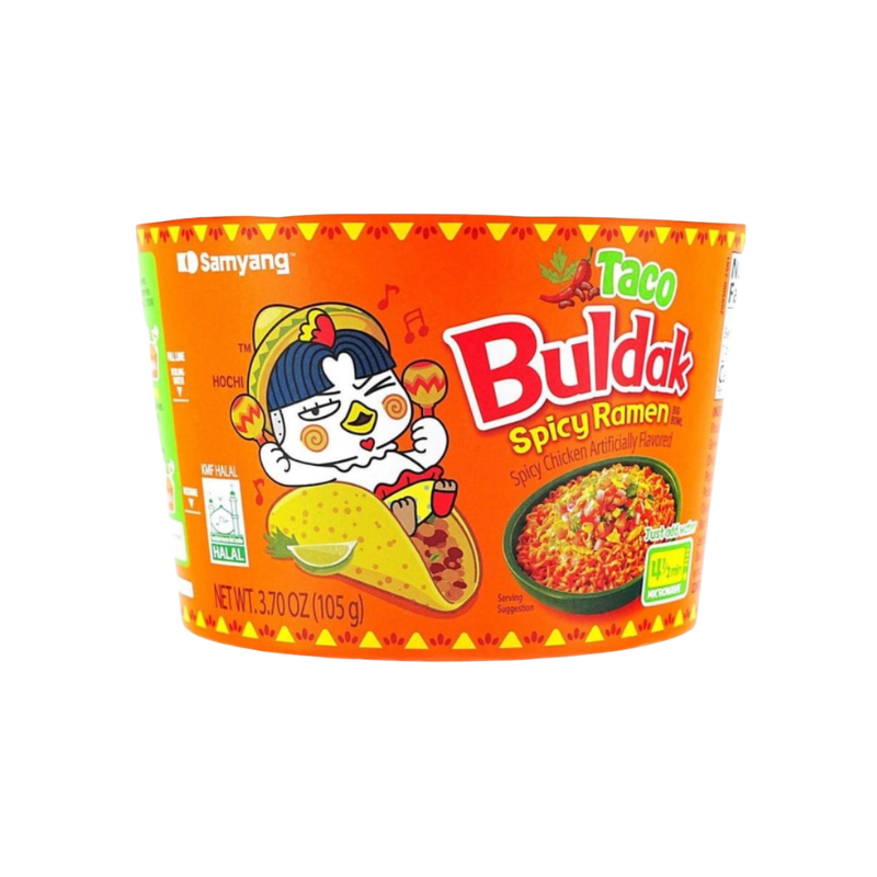 Taco-themed spicy ramen packaging with cartoon character on an orange background