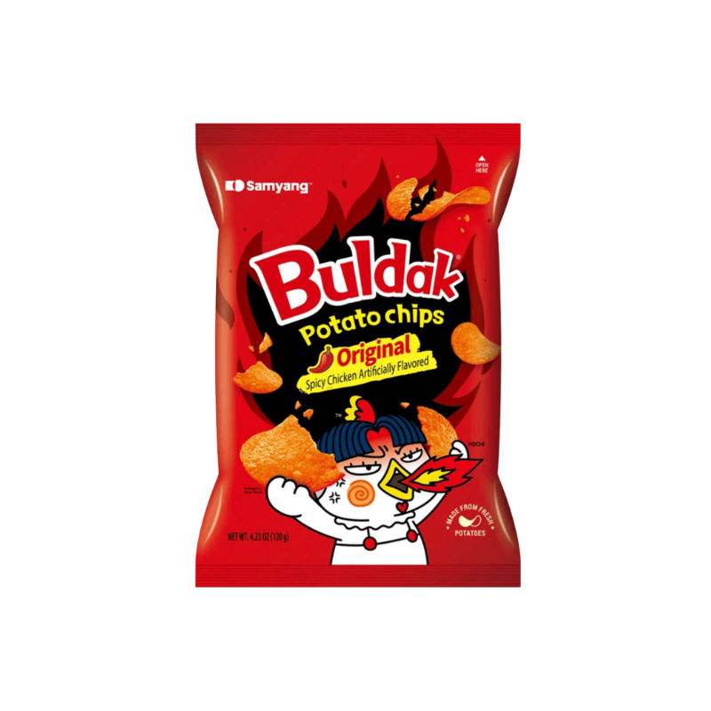 Buldak potato chips packaging with cartoon character on a white background