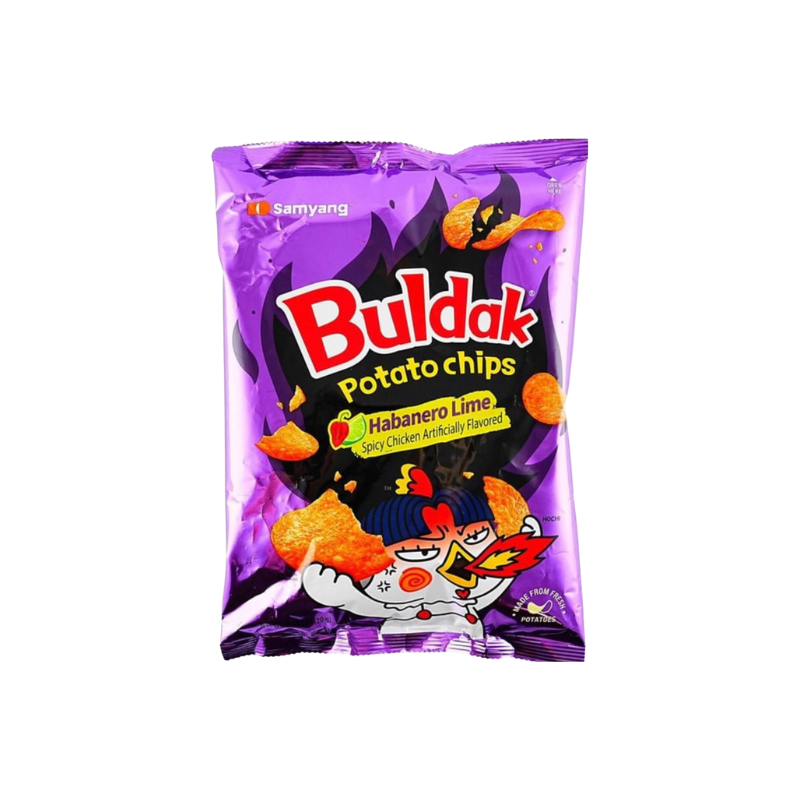 Purple package of Buldak Potato Chips with habanero lime flavor on a white background