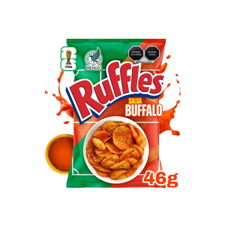 Ruffles Salsa Buffalo flavored chips packaging on a white background