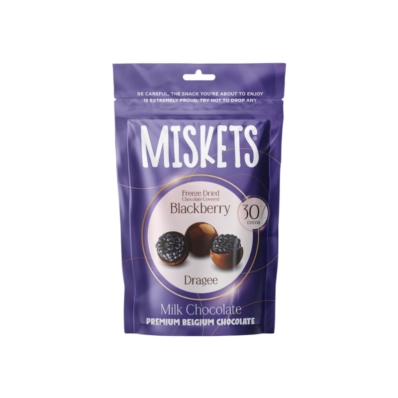 Purple package of Miskets Blackberry Dragee milk chocolate on a white background