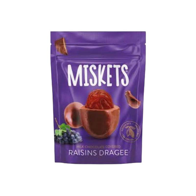 Purple package of Miskets milk chocolate covered raisins dragee on a white background
