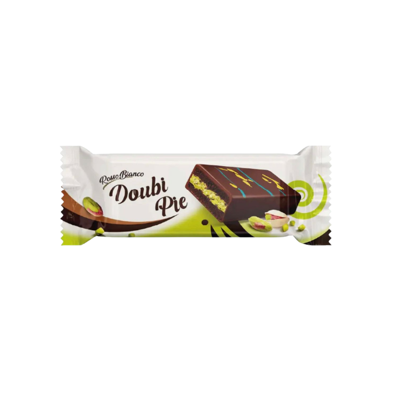 Wrapped chocolate bar with 'Doubi Pie' branding on a white background