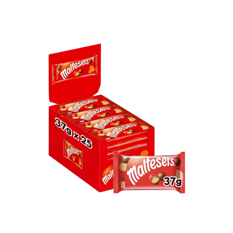 Red box of Maltesers candy bars with a single bar displayed in front on a white background