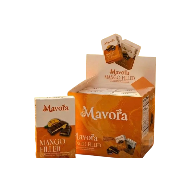 Mavoró mango filled chocolate packaging on a white background