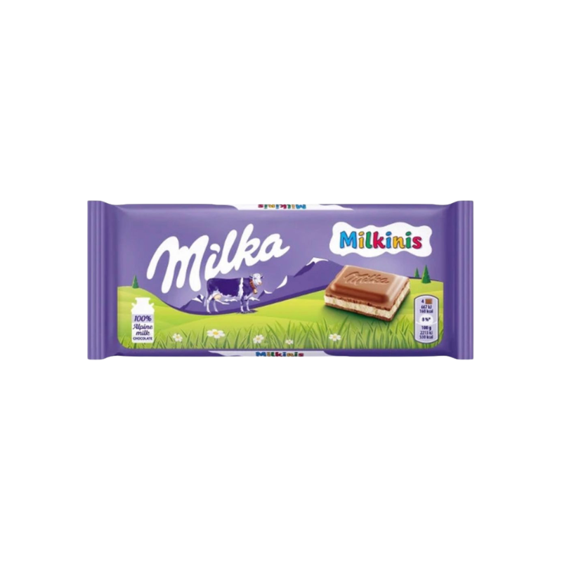 Milka Milkinis chocolate bar packaging on a white background