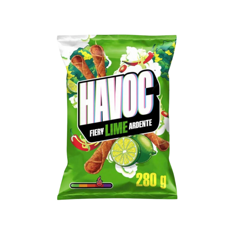 Green packaging of Havoc Fiery Lime snack with lime and chili graphics on a white background