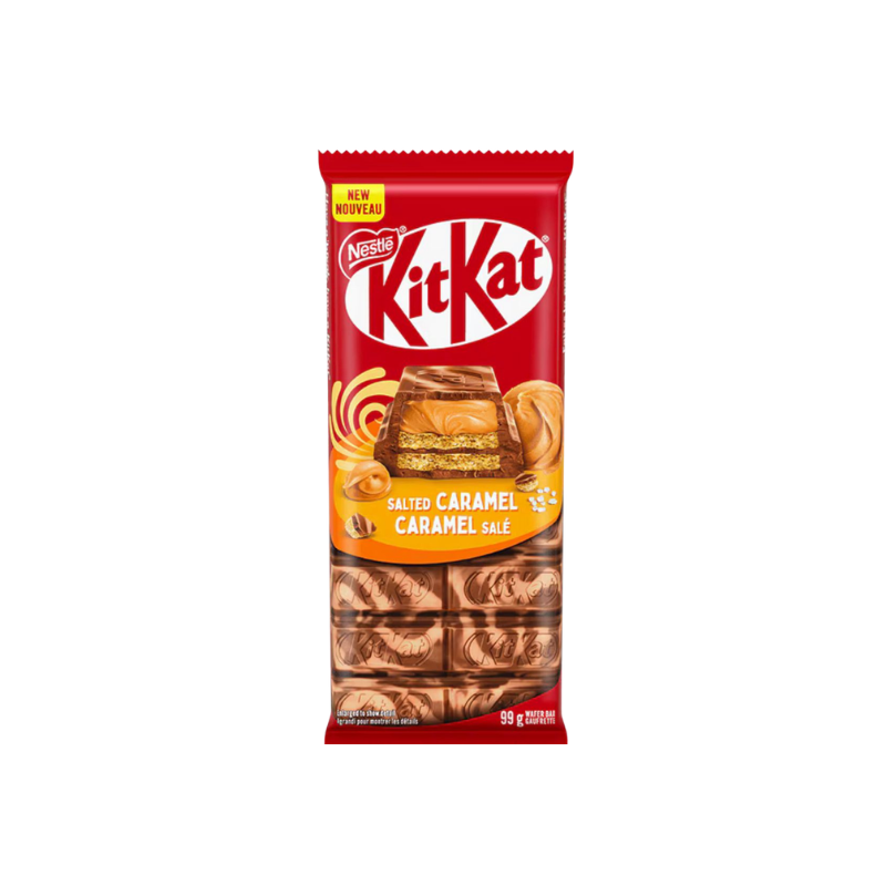 KitKat salted caramel chocolate bar packaging on a white background