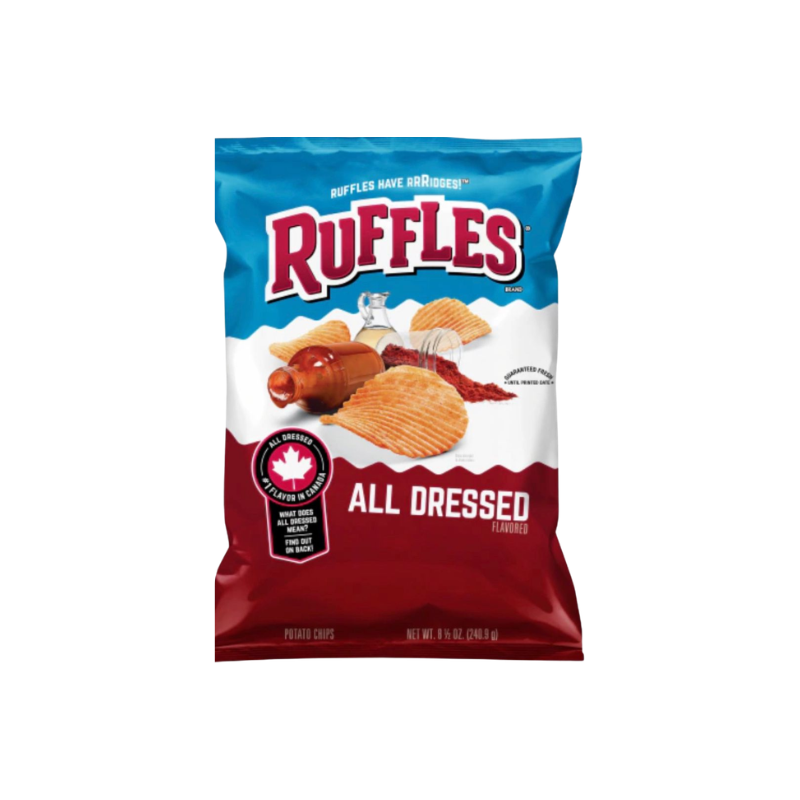 Ruffles potato chips bag with blue and red design on a white background