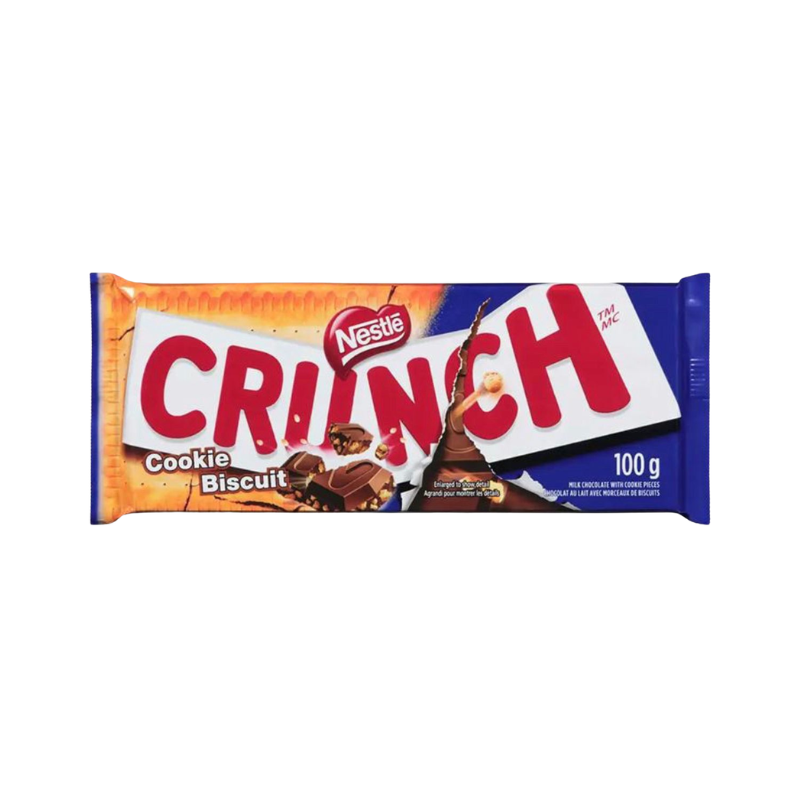 Nestle Crunch cookie biscuit chocolate bar packaging on a white background