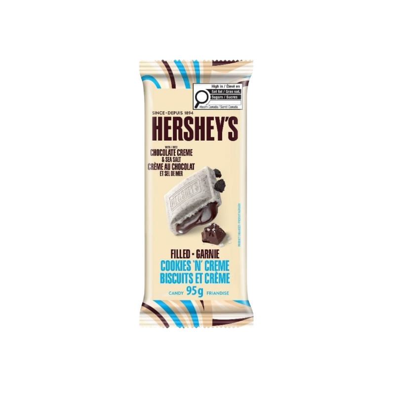 Hershey's Cookies 'n' Creme chocolate bar packaging on a white background