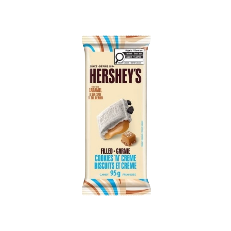 Hershey's chocolate bar packaging with caramel and cookie flavor on a white background
