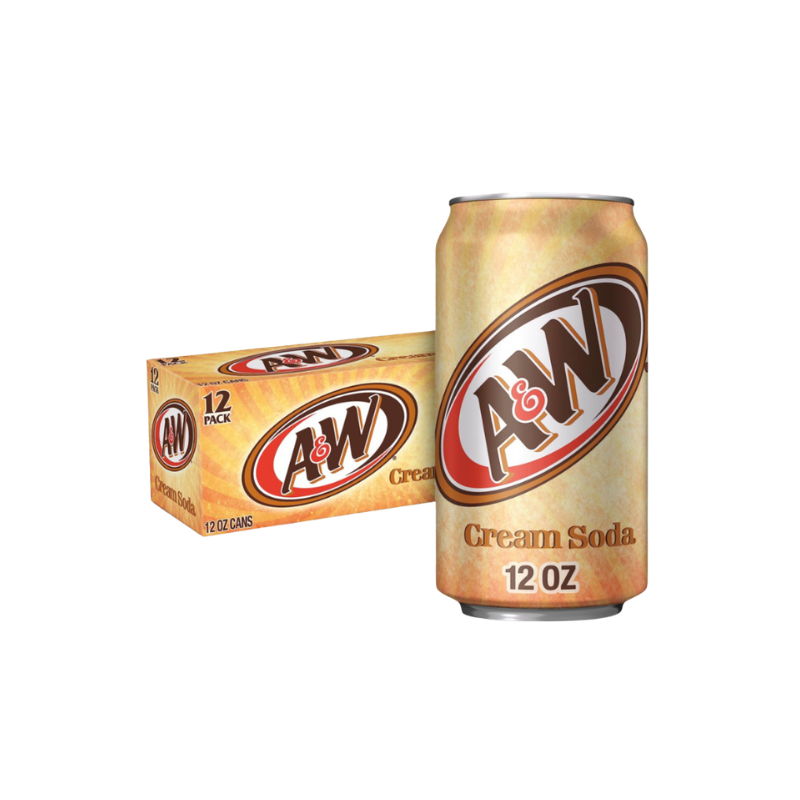 A&W Cream Soda can and 12-pack box on a white background