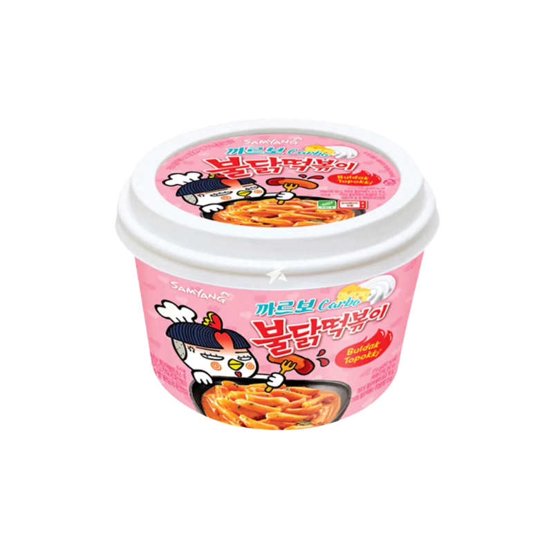 Pink and white container of instant noodles with cartoon characters on a white background