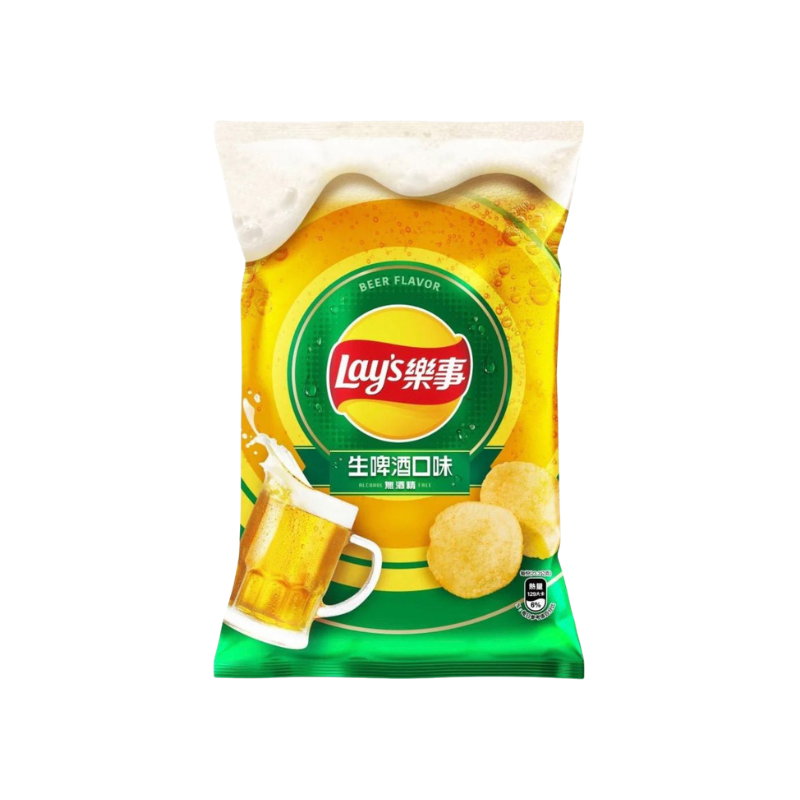 Packaged beer-flavored Lay's chips on a white background