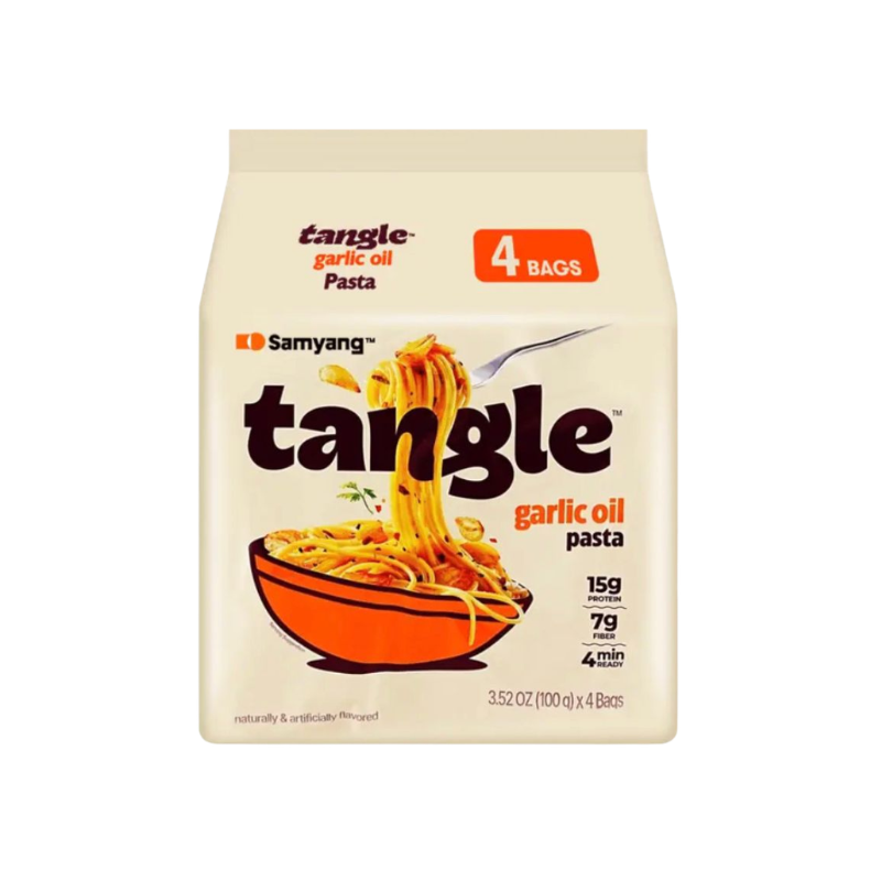 Packaging of tangle garlic oil pasta with a bowl of pasta on a white background