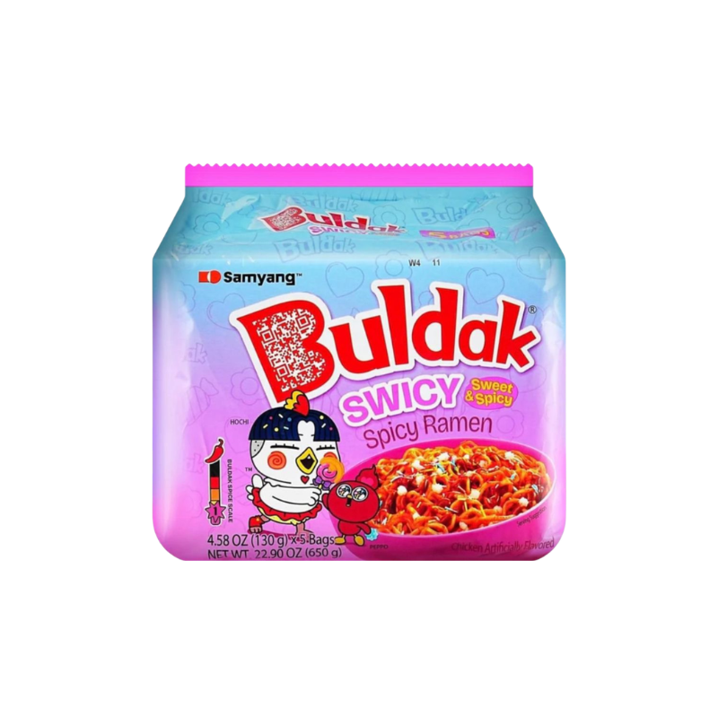 Buldak Swicy Spicy Ramen packaging on a white background