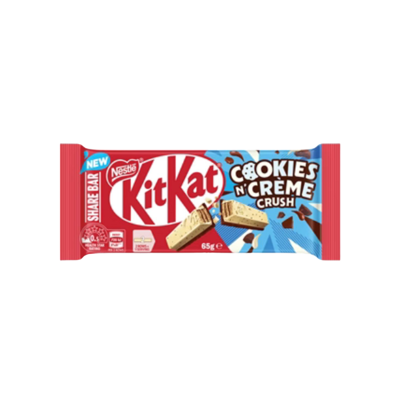 KitKat Cookies 'n' Creme Crush chocolate bar packaging on a white background