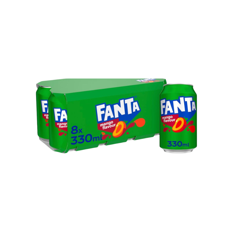 Pack of Fanta mango-flavored cans on a white background