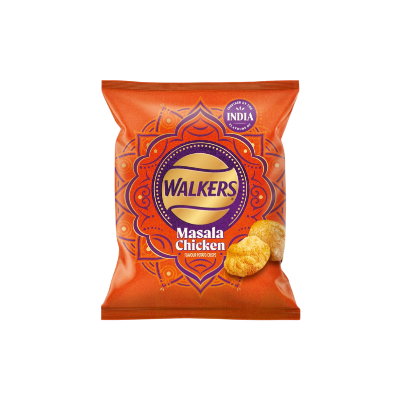 Walkers Masala Chicken flavored chip packet on a white background