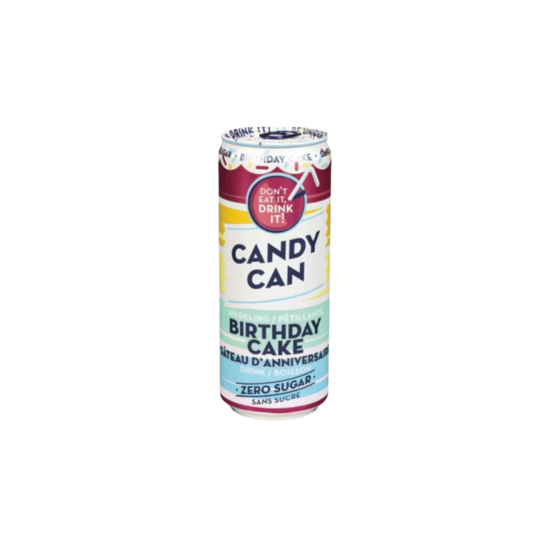 Candy Can Birthday Cake flavor can on a white background
