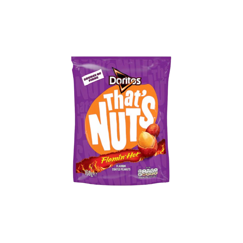Purple bag of Doritos That's Nuts Flamin' Hot flavor on a white background