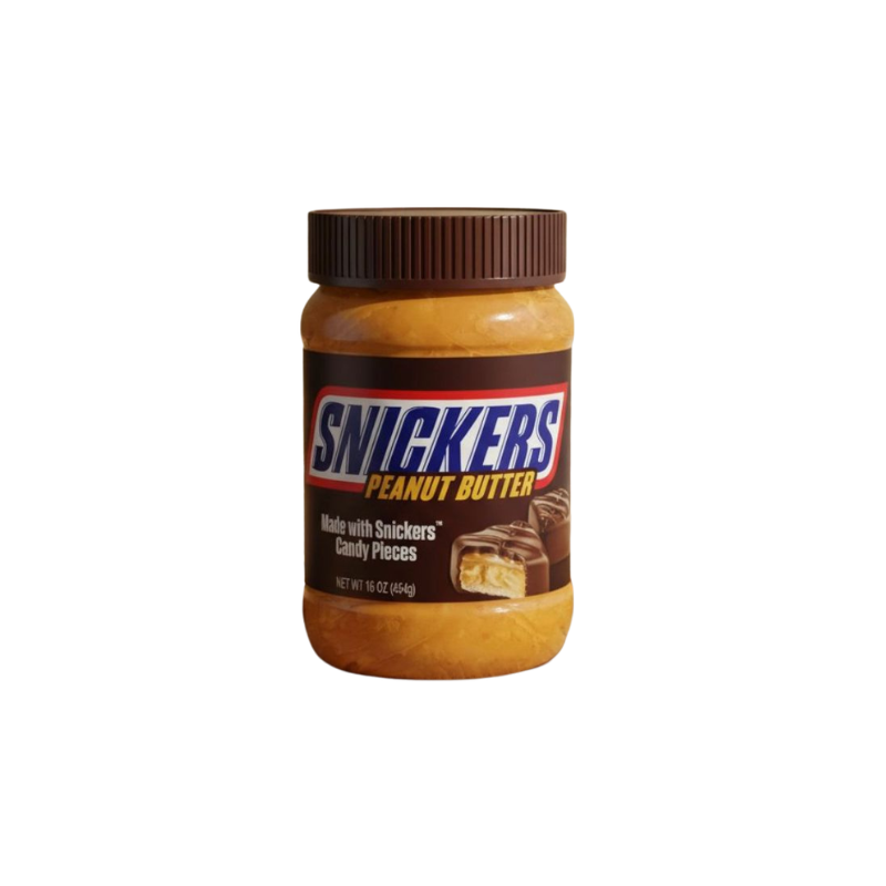 Jar of Snickers peanut butter on a white background