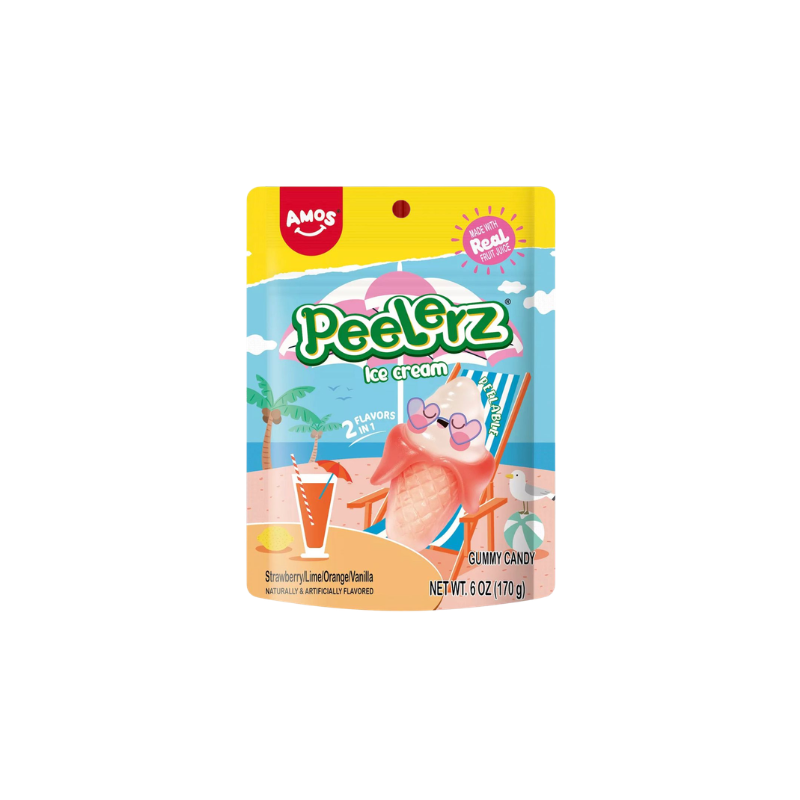 Packaging of PeelGrz Ice Cream gummy candy with a cartoon character on a white background