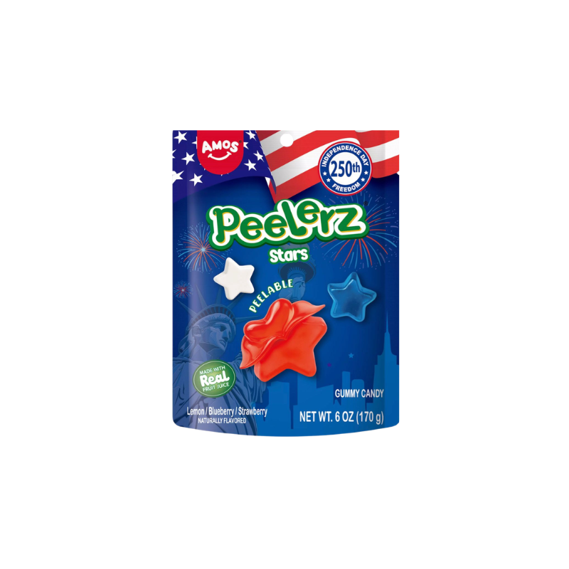Amos Pelegrz Stars gummy candy package with American flag design on a white background